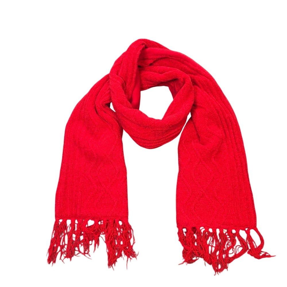 Christopher & Banks Cable Knit Scarf Women's Red Fleece Backing and Fringe